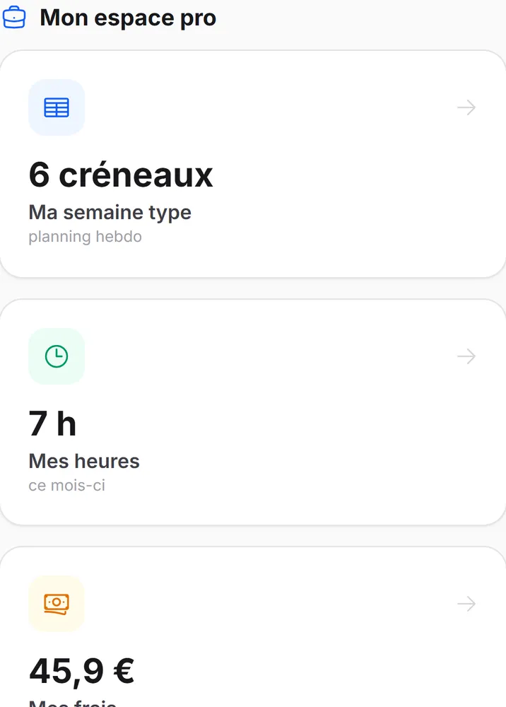 Espace pro : semaine type, heures et frais